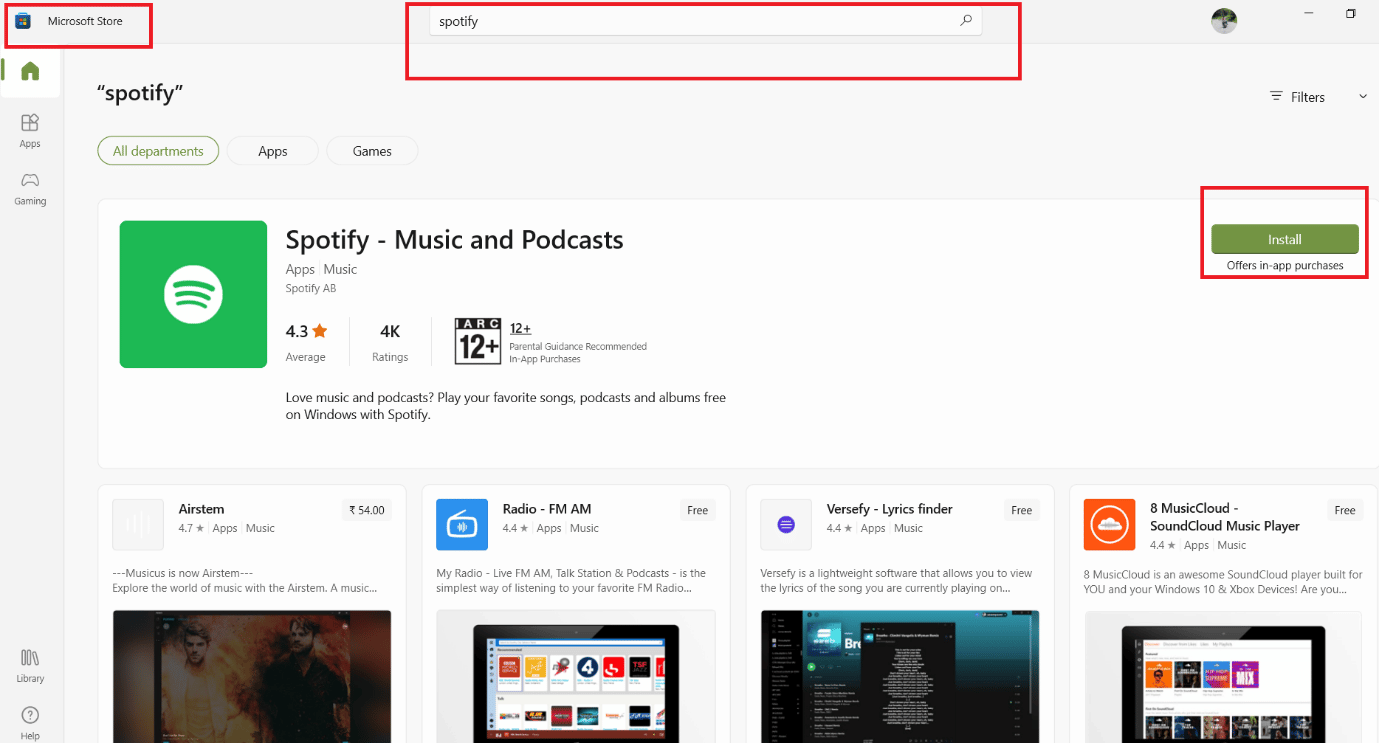 Cercalo nel Microsoft Store e fai clic sull'opzione Installa. Correggi il codice di errore dell'installazione di Spotify 53