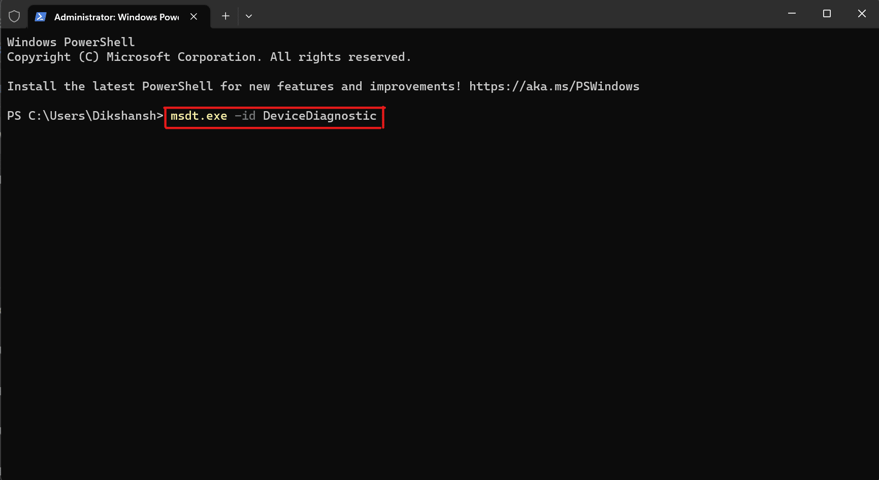 Digita msdt.exe -id DeviceDiagnostic nella finestra di PowerShell e premi Invio.