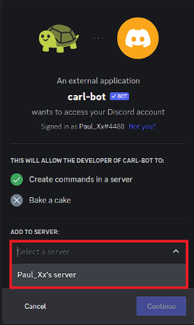 Seleziona un server a cui aggiungere Carl Bot