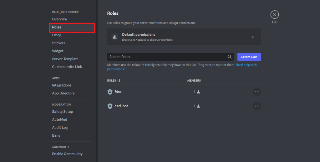 Vai alla barra laterale e fai clic sulla categoria Ruoli. Come aggiungere ruoli di reazione su Discord Carl Bot