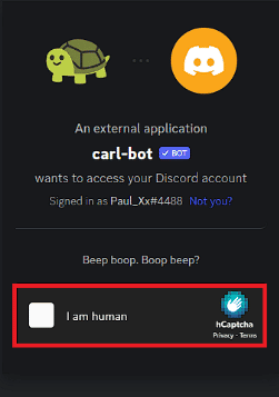 Completa il CAPTCHA per aggiungere Carl Bot