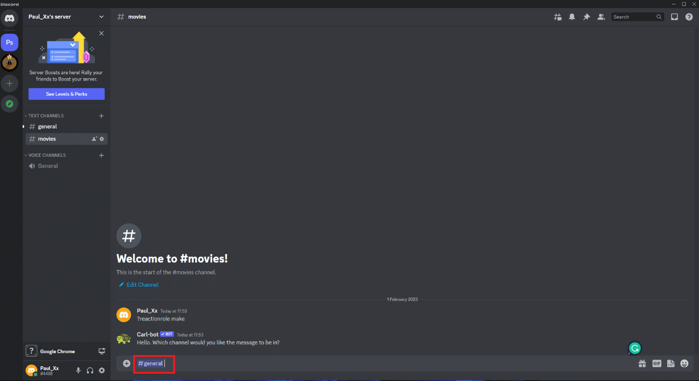 Seleziona qualsiasi canale nel server Discord e premi Invio. Come aggiungere ruoli di reazione su Discord Carl Bot