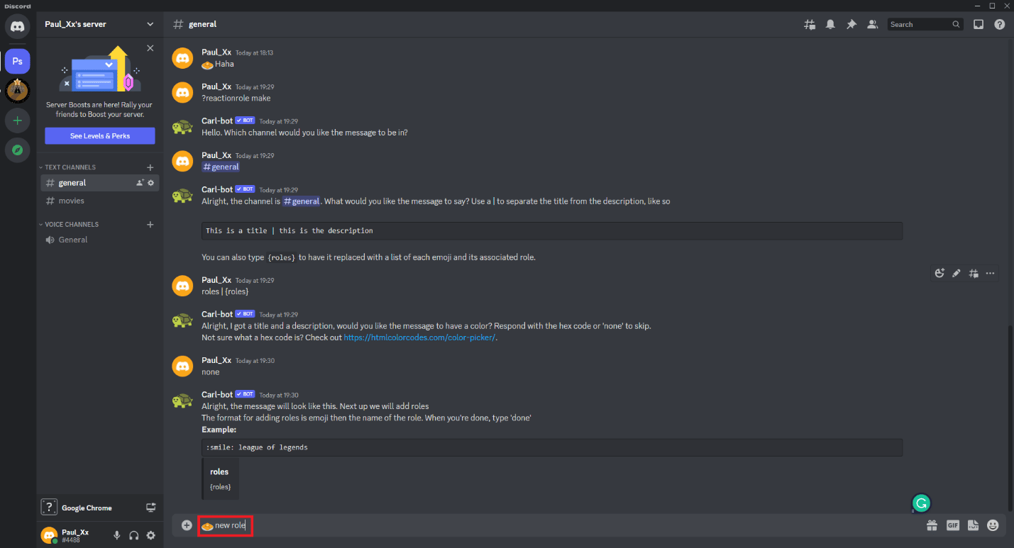 Digita il nome del ruolo e premi Invio. Come aggiungere ruoli di reazione su Discord Carl Bot