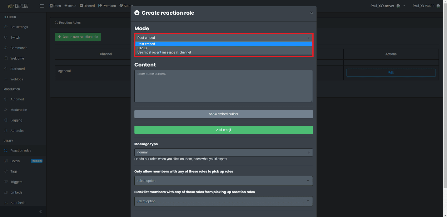 Seleziona una delle modalità. Come aggiungere ruoli di reazione su Discord Carl Bot