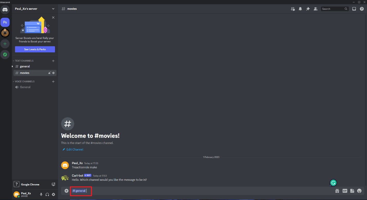 Seleziona qualsiasi canale nel server Discord e premi Invio