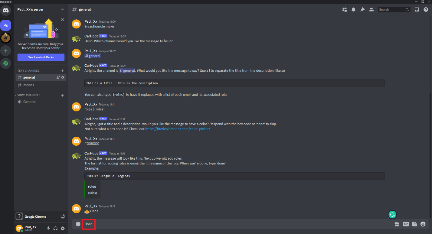 Digita Fatto. Come aggiungere ruoli di reazione su Discord Carl Bot