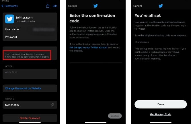 Inserisci il codice di verifica su Twitter per collegare l'app iOS Authenticator iPhone