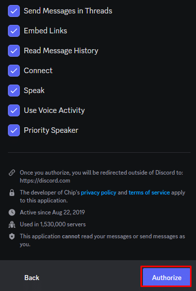 Fare clic su Autorizza. | Come usare Chip Bot su Discord