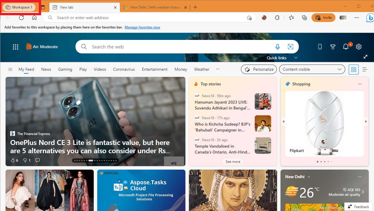 Apri Microsoft Edge e individua la scheda Area di lavoro nell'angolo in alto a destra del browser