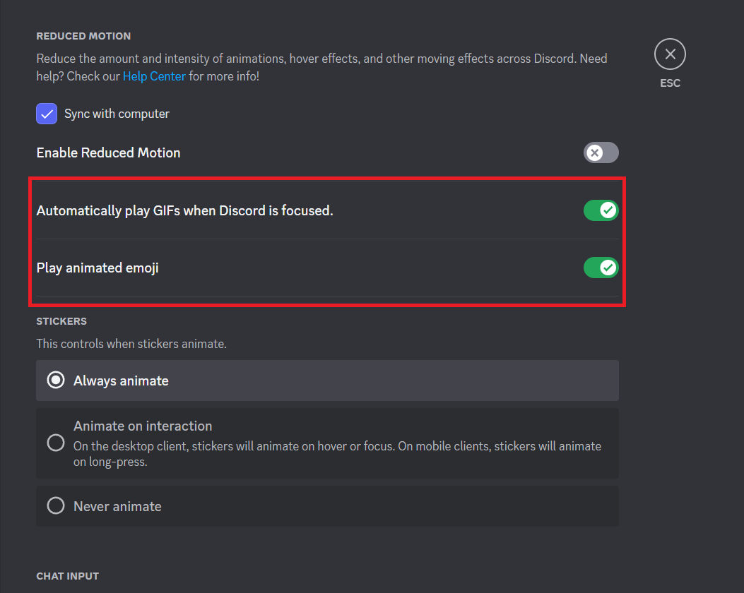 Attiva Riproduci automaticamente GIF quando Discord è focalizzato e Riproduci emoji animati