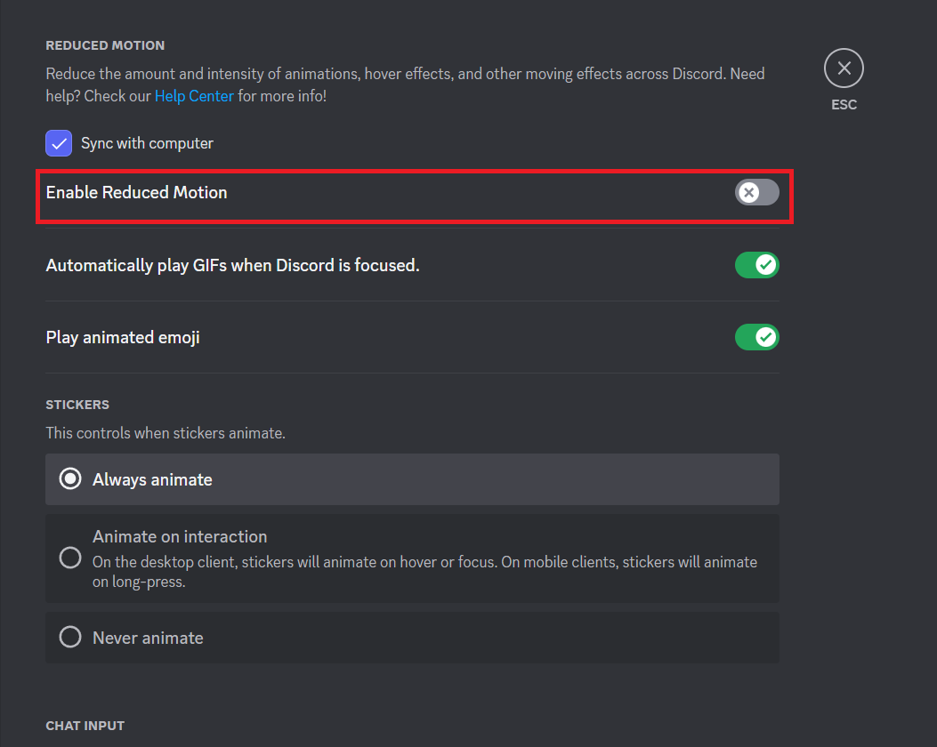 Disattiva Abilita movimento ridotto. 12 modi per correggere le GIF Discord che non funzionano