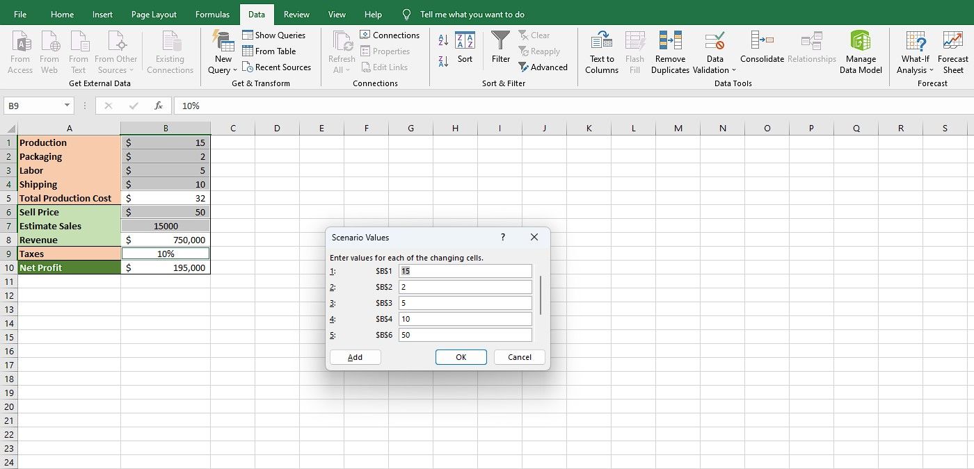 Inserimento dei valori dello scenario in Excel