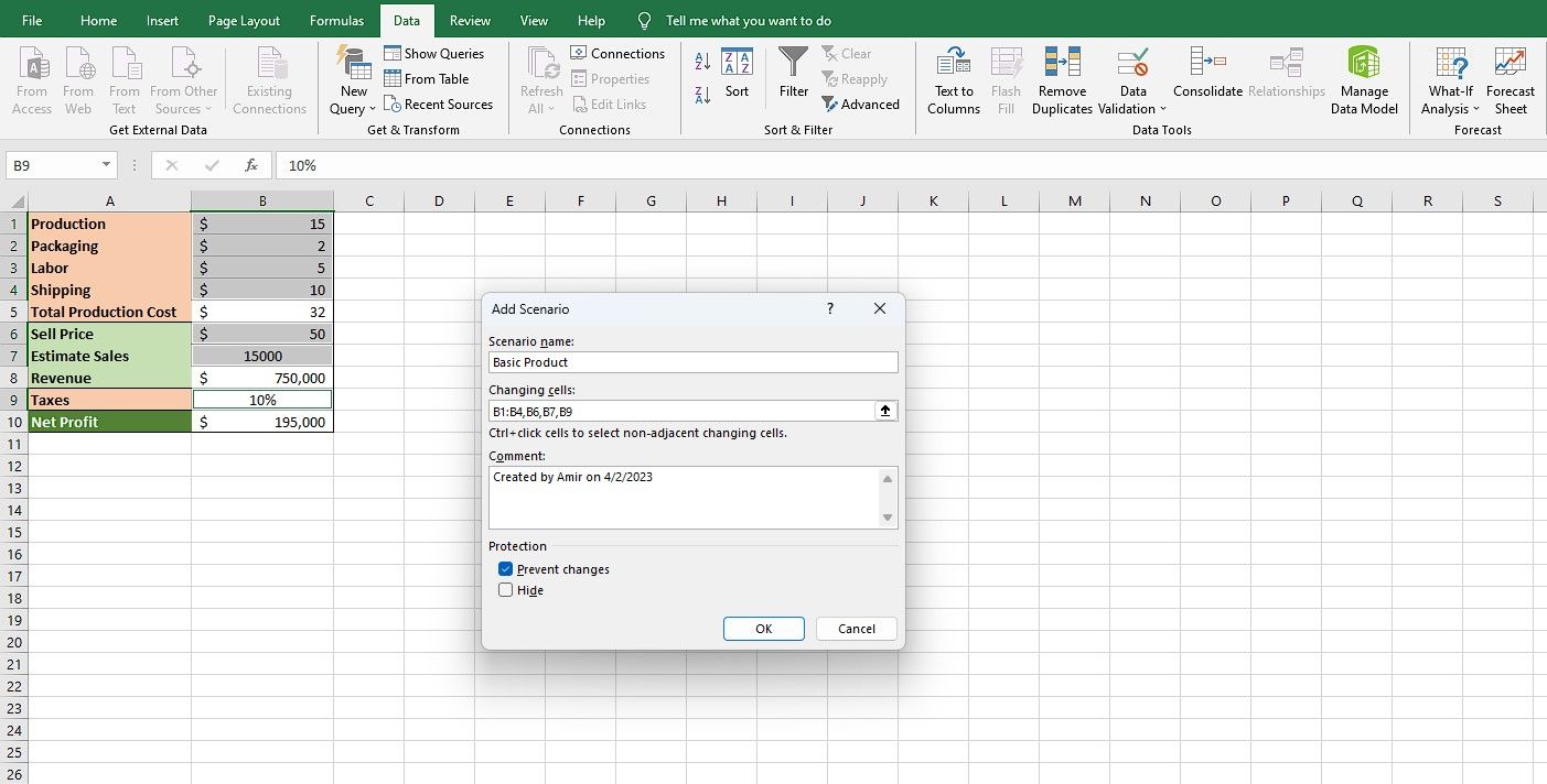 Aggiunta di uno scenario in Excel