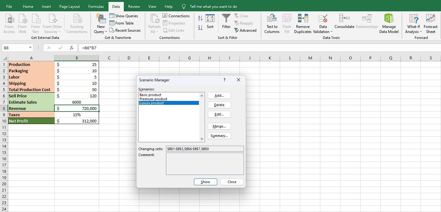 Visualizzazione degli scenari in Excel