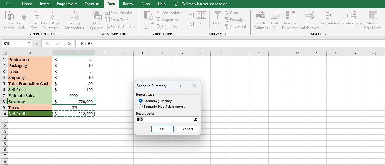 Creazione di un riepilogo dello scenario in Excel