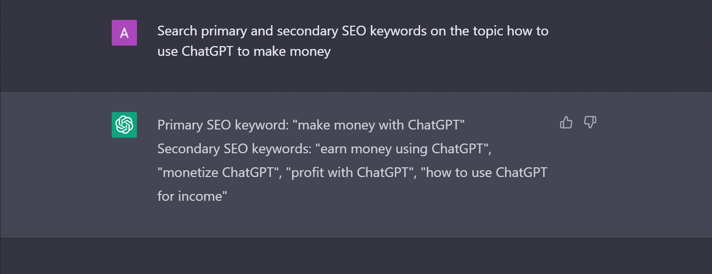 ricerca di parole chiave SEO sull'argomento come utilizzare ChatGPT per fare soldi