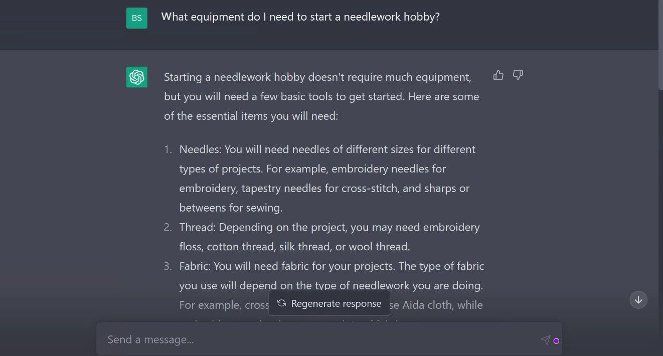 Screenshot della risposta di ChatGPT alla domanda di base sul ricamo