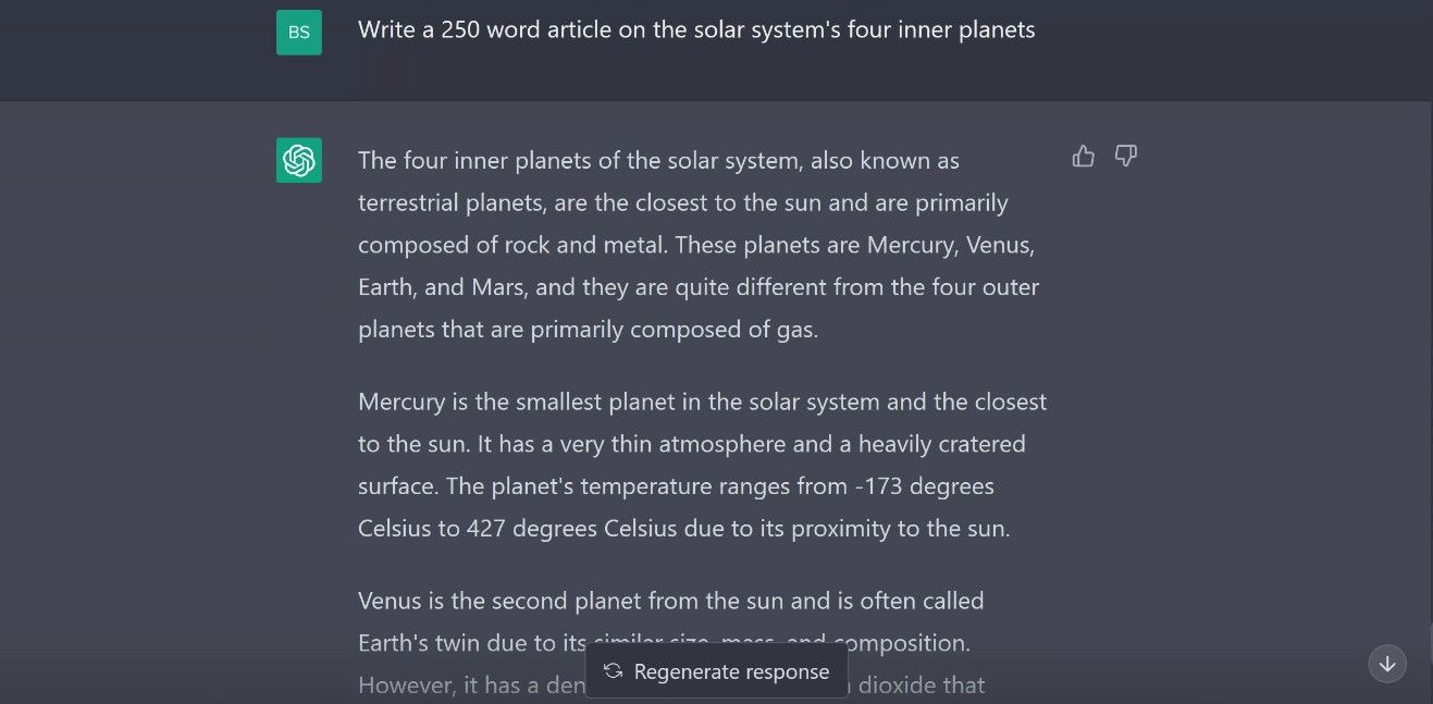 Screenshot della risposta ChatGPT alla richiesta di un articolo di base sul sistema solare