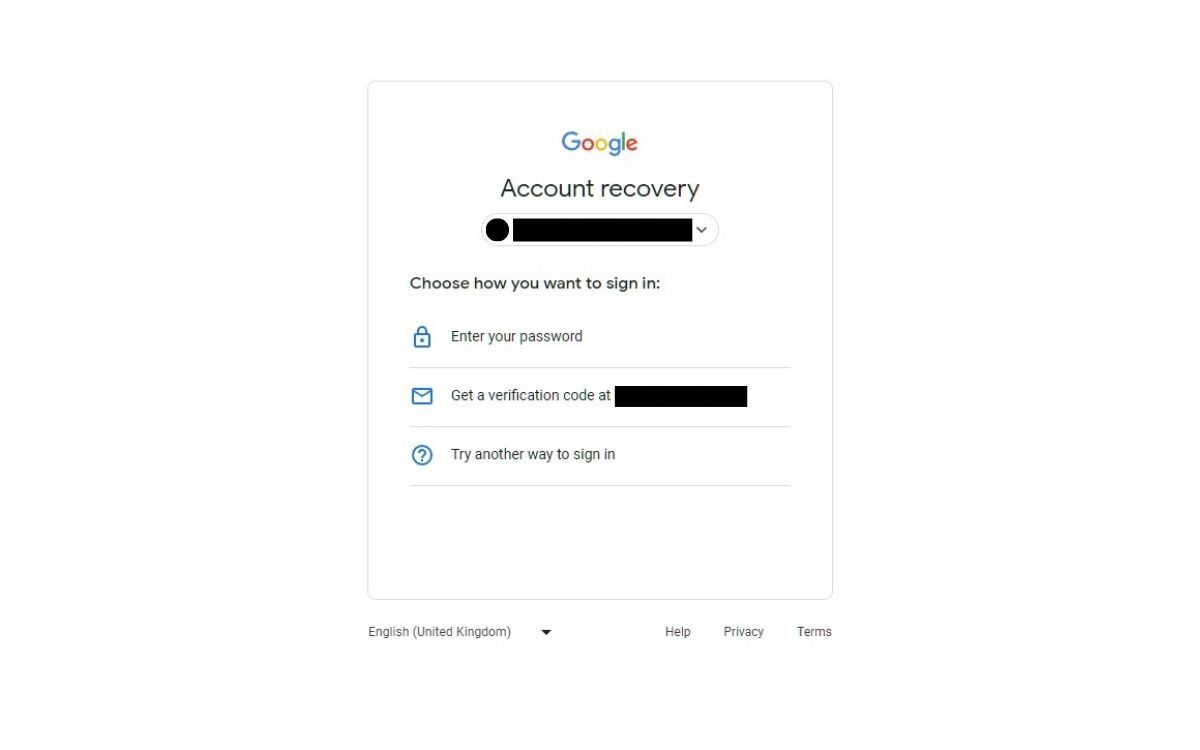 Uno screenshot della sezione Scegli un modo per accedere durante il ripristino dell'account Google