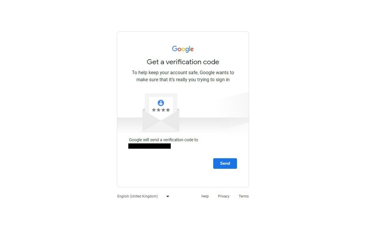 Uno screenshot della sezione Ottieni un codice di verifica nella procedura per l'email dimenticata di Google