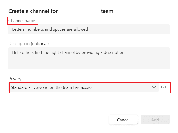 aggiungi un nome di canale e mantieni la privacy su Standard