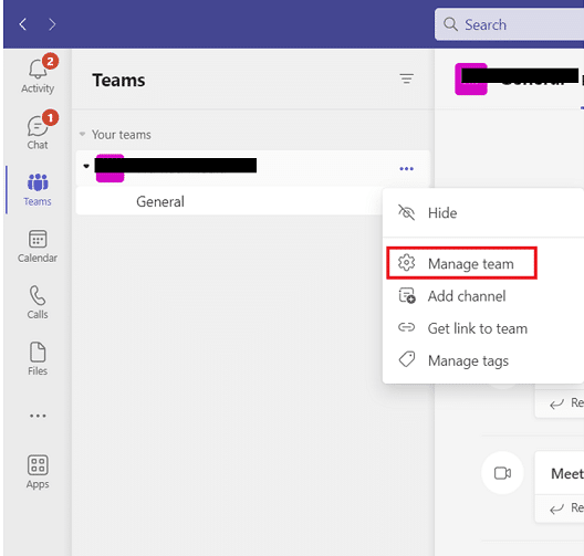 clicca su Gestisci squadra. Come creare un canale in Teams