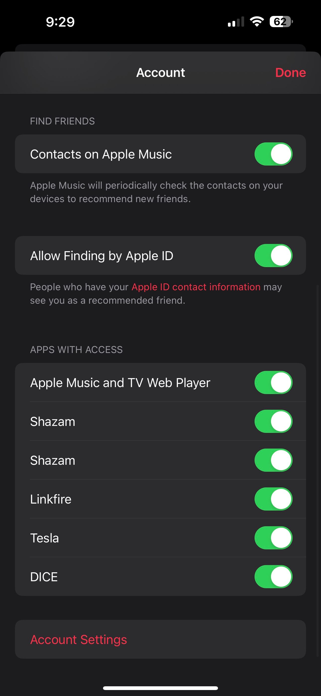 Accesso all'app nelle impostazioni dell'account Apple Music