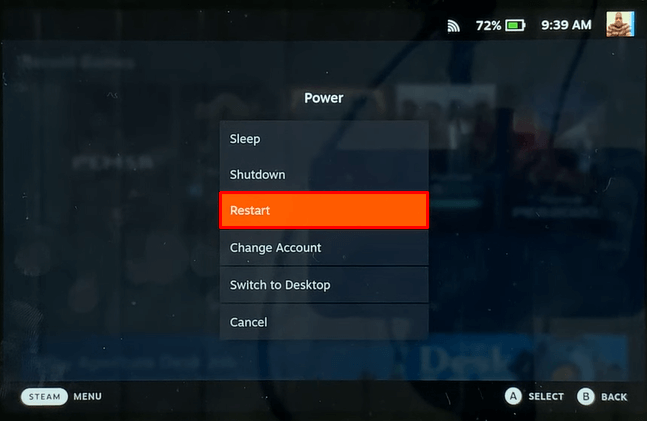 Seleziona l'opzione Riavvia per riavviare Steam Deck 