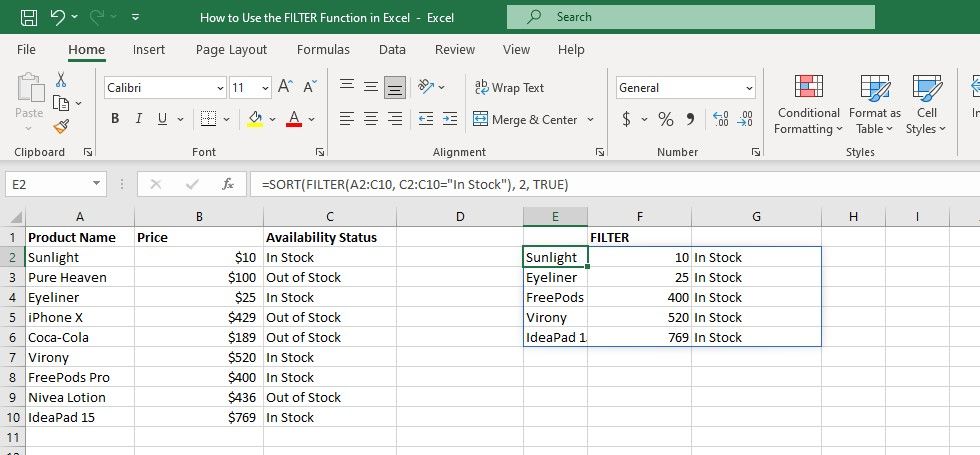 Foglio Excel che mostra l'uso della funzione FILTRO con ORDINA