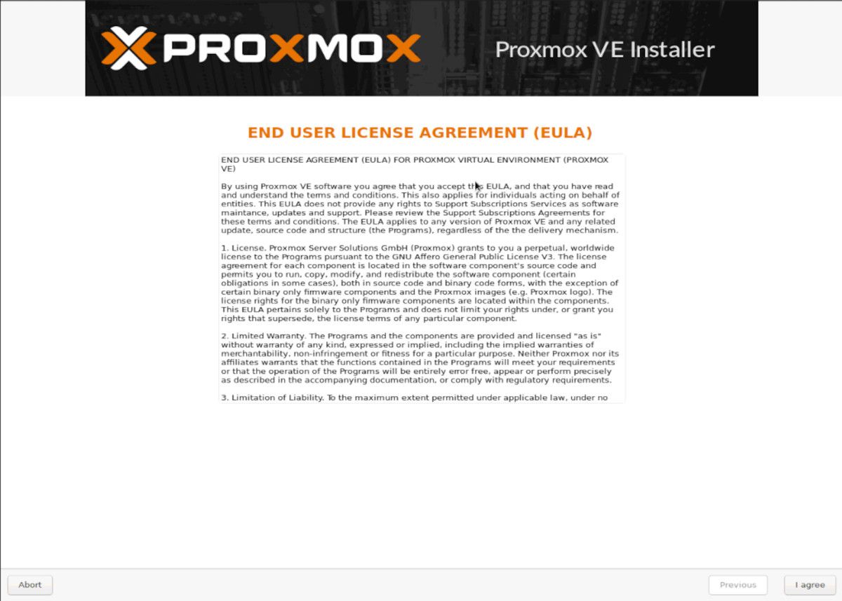 pagina del contratto di licenza di proxmox ve