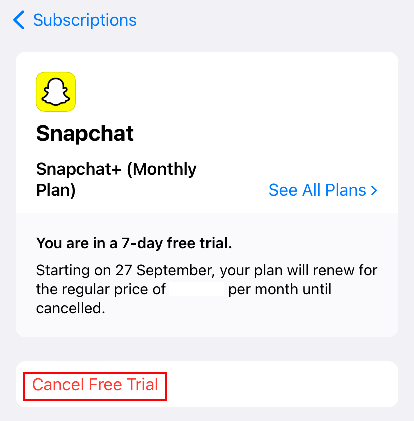 Seleziona Annulla prova gratuita per annullare Snapchat Plus 