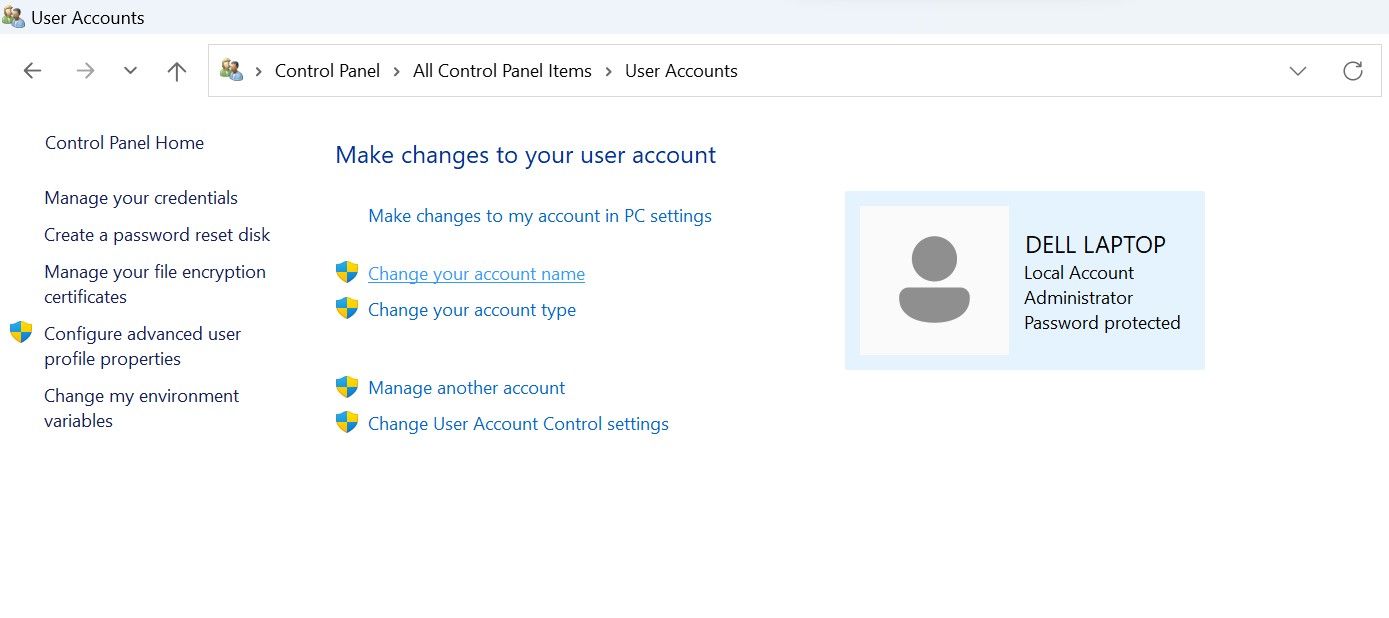 Fare clic su Modifica nome account in Impostazioni account utente nel Pannello di controllo di Windows