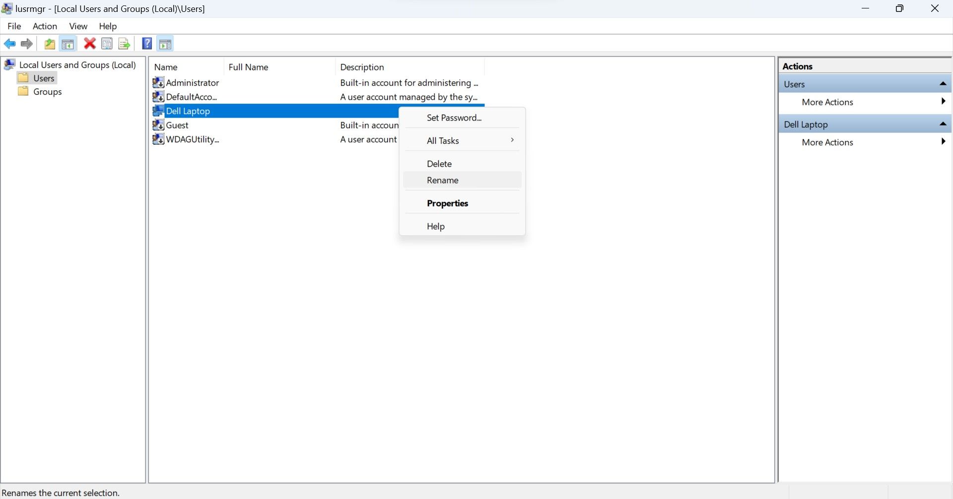 Fare clic su Rinomina facendo clic con il pulsante destro del mouse sul nome dell'account nello strumento di gestione di utenti e gruppi locali