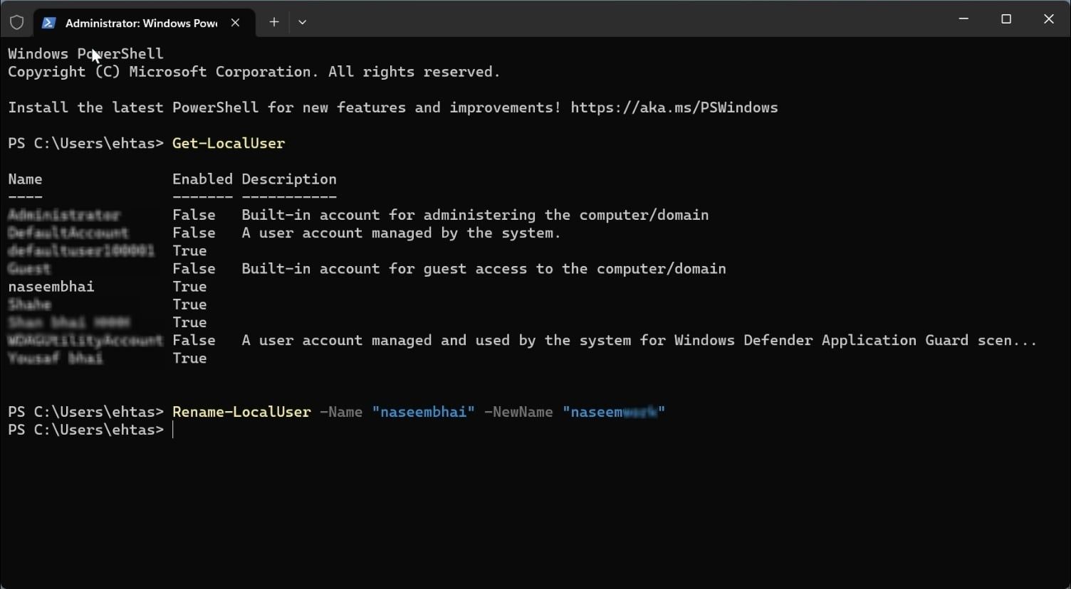 Modifica del nome utente in Windows PowerShell