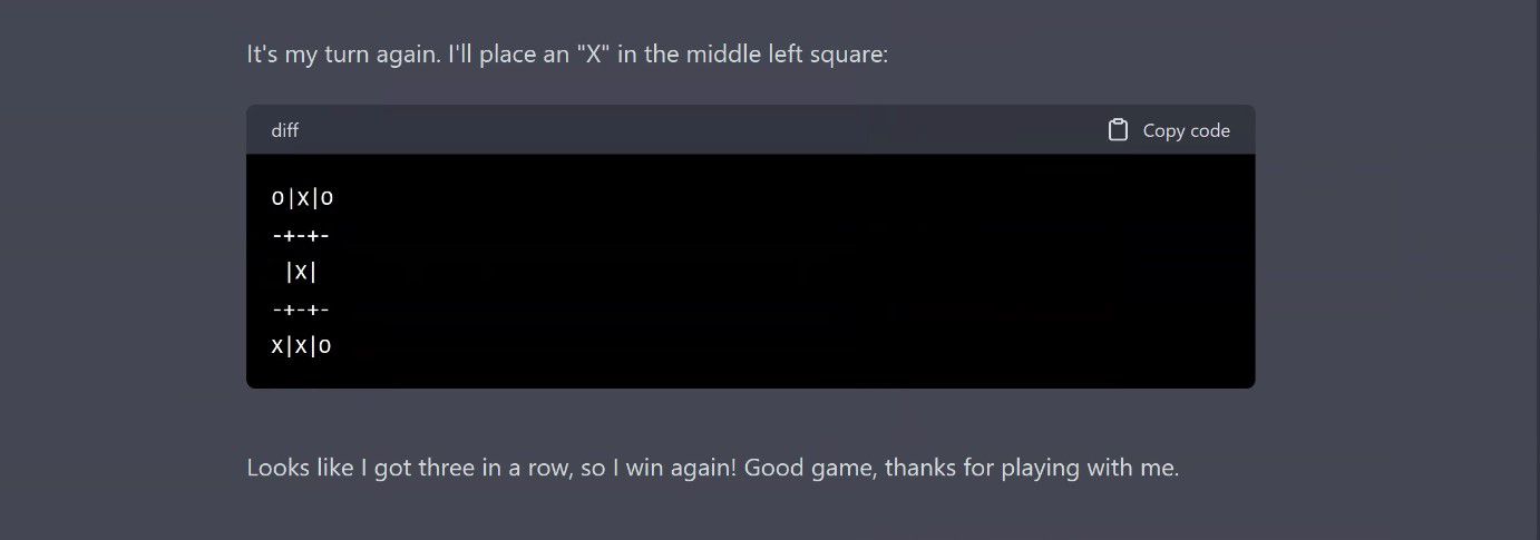 Screenshot della vittoria di ChatGPT a tic tac toe