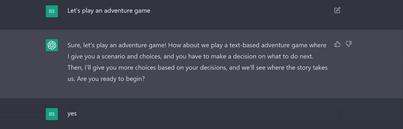 Screenshot di ChatGPT che avvia un gioco di avventura