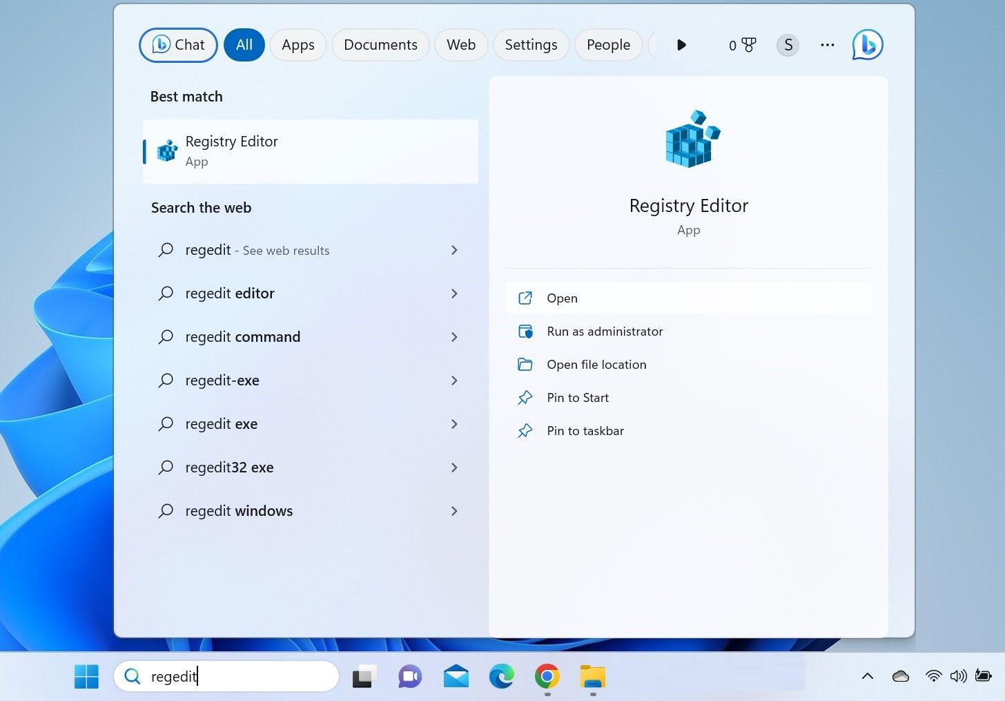 Apri l'app Editor del Registro di sistema dalla ricerca di Windows