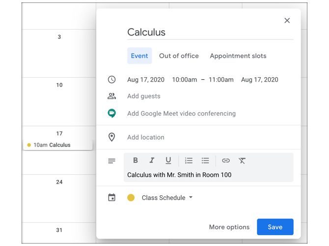 Google Calendar Nuovo evento di classe