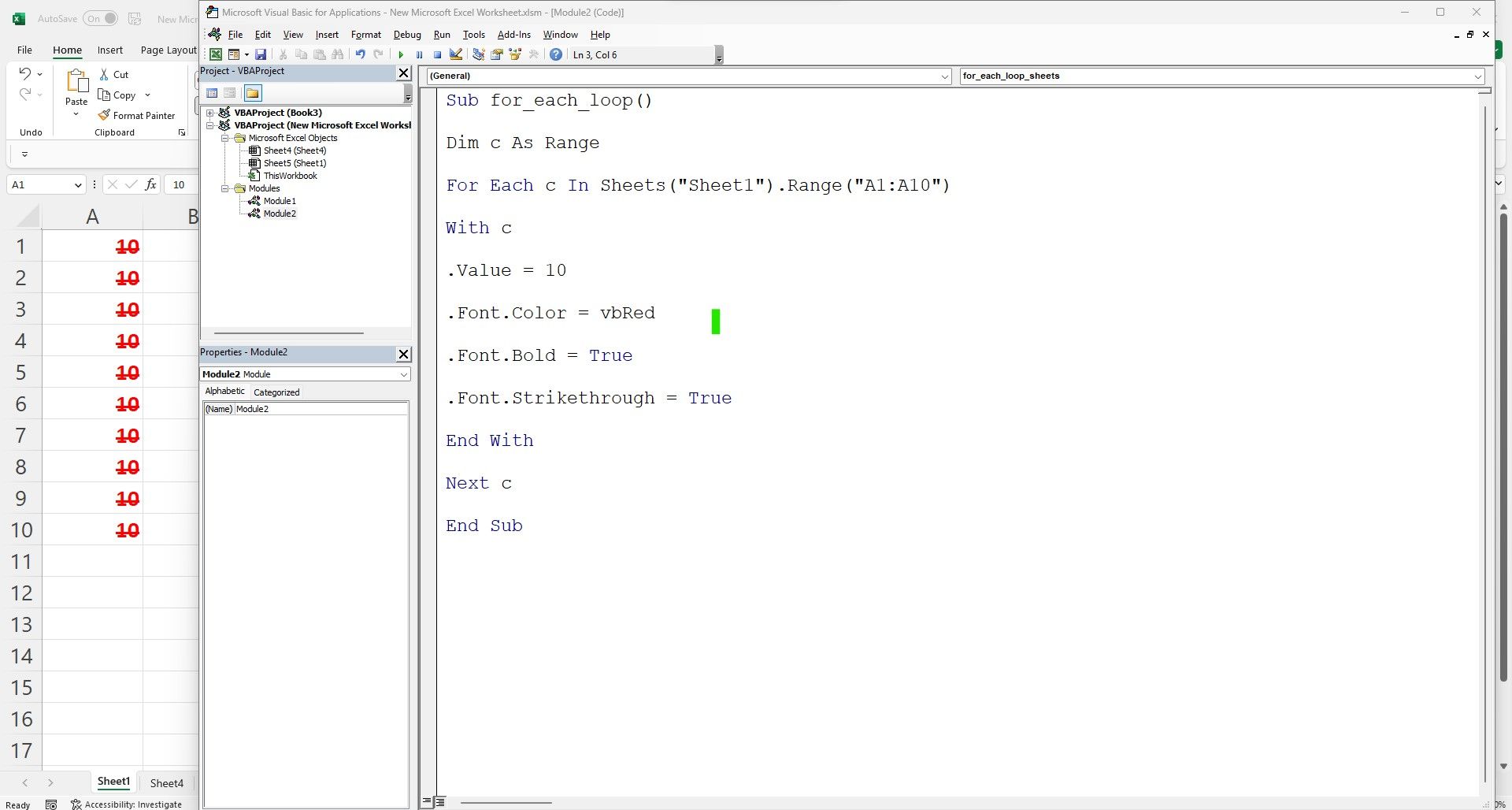 Frammento di codice VBA all'interno dell'editor e output Excel