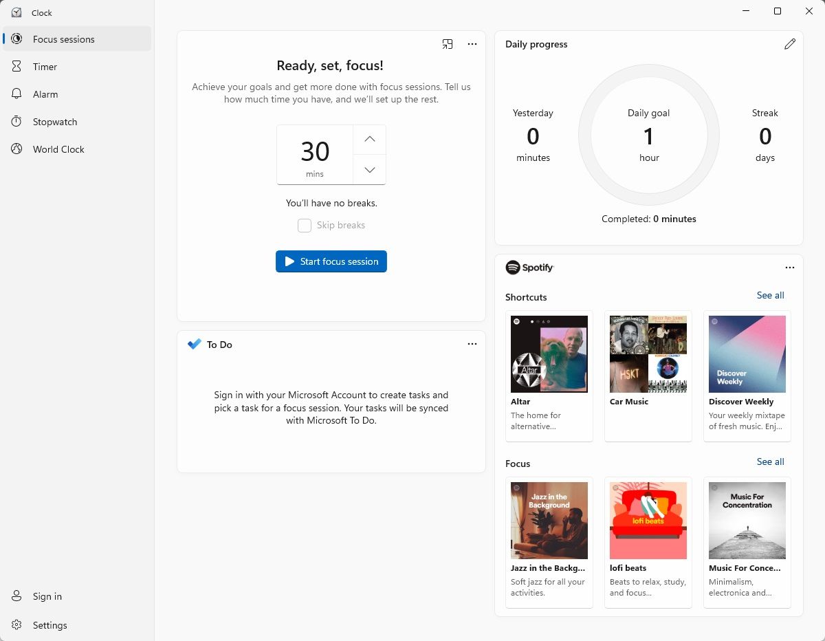 home page dell'app dell'orologio delle sessioni focus di Windows 11