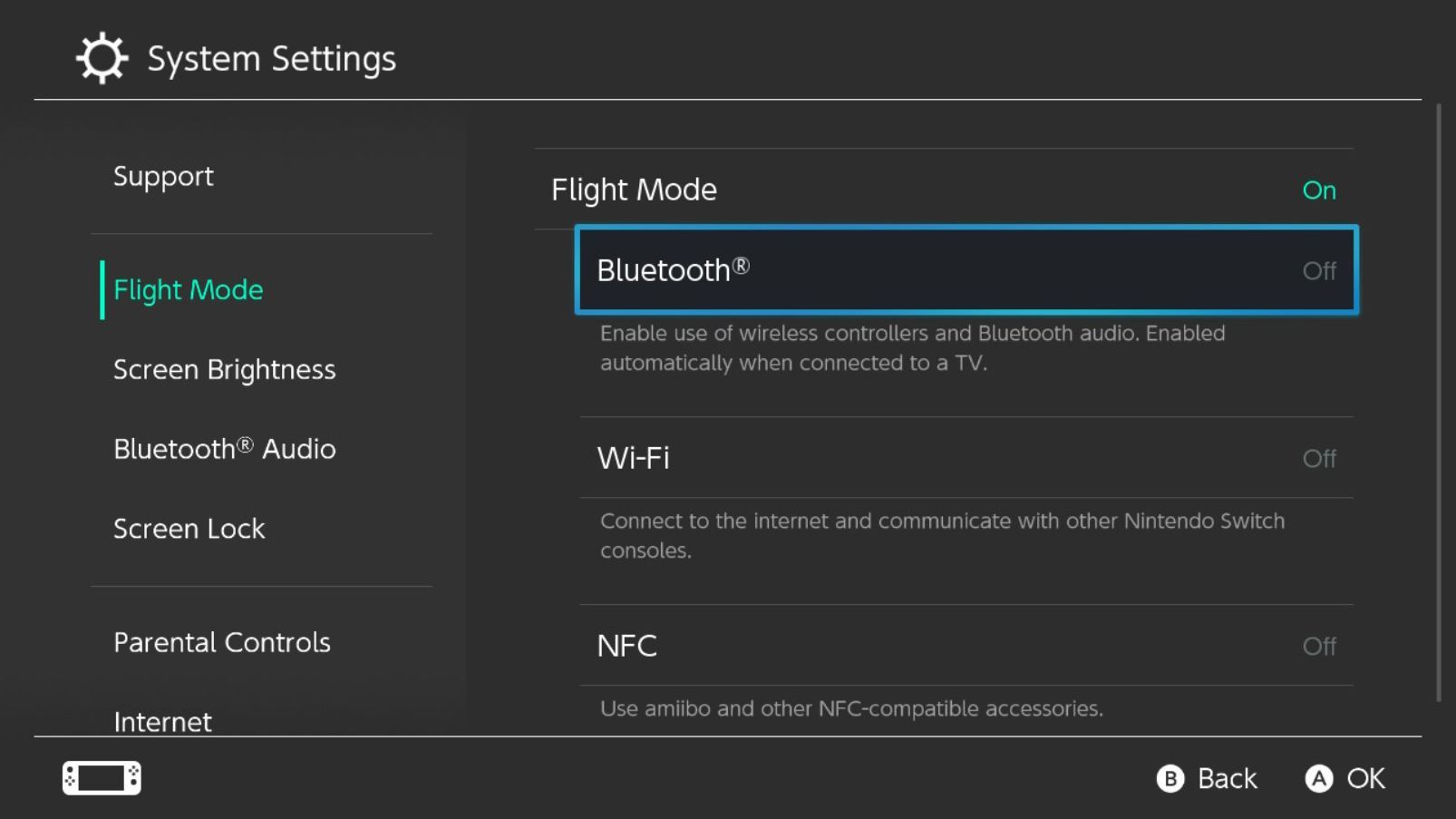 Impostazioni della modalità aereo di Nintendo Switch Attiva il Bluetooth 