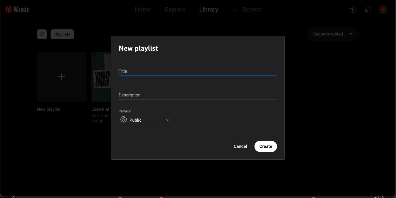 creare una nuova playlist su YouTube Music su desktop