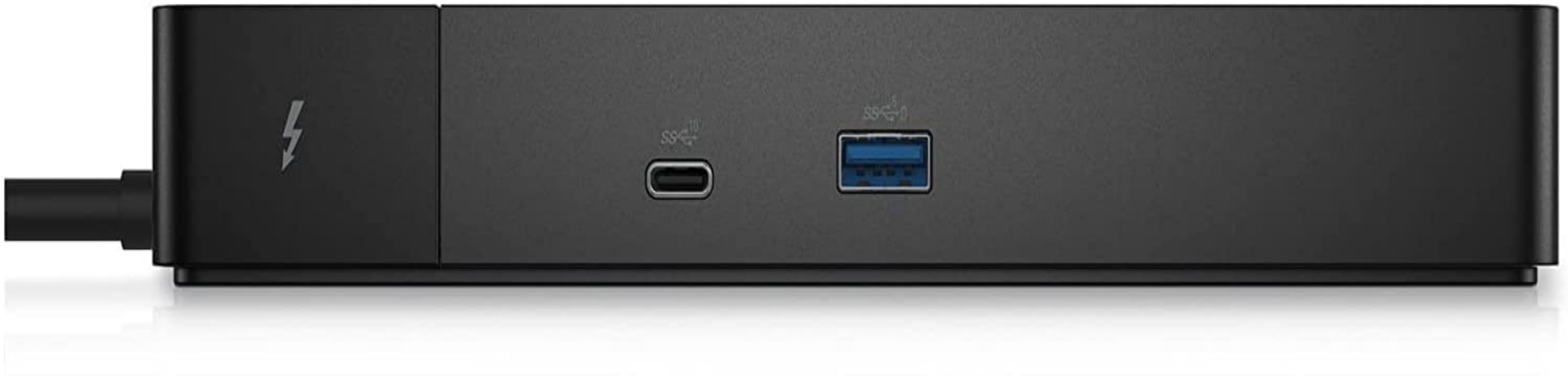 Immagine frontale della docking station Dell Thunderbolt 4 nera che mostra le porte Ethernet e USB-C 3.2 Gen 2