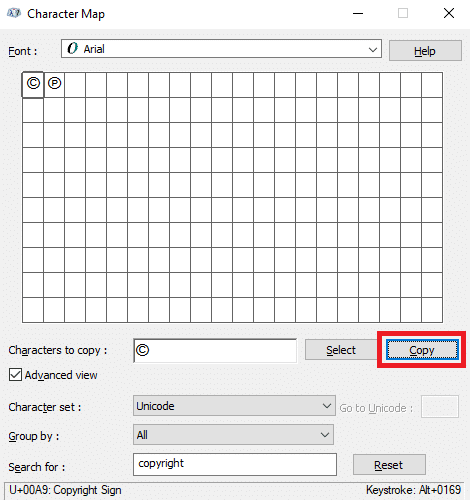 Ora fai clic sull'opzione Copia per copiare il simbolo del copyright