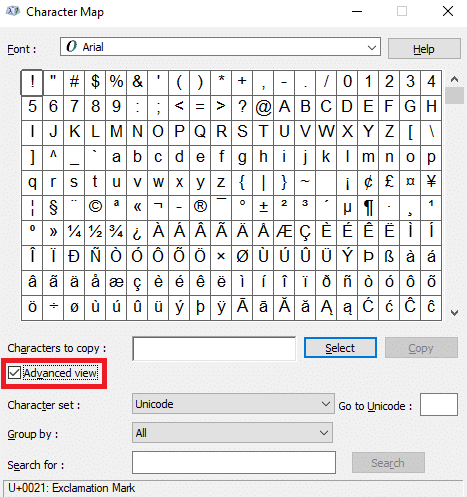 Fare clic sulla casella di controllo Visualizzazione avanzata | Come digitare il simbolo del copyright in Windows