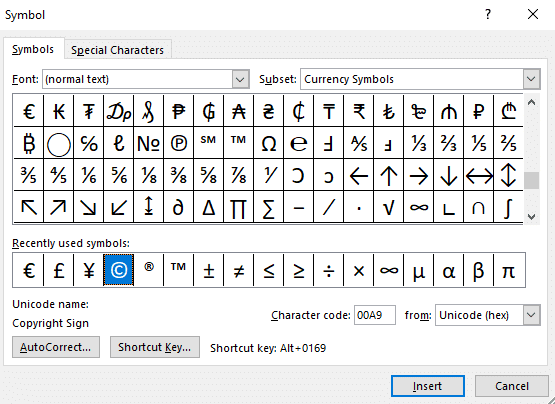 Trova e seleziona il simbolo del copyright nella finestra dei simboli che si aprirà 