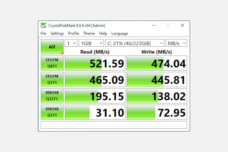 005-2 Crystal Diskmark Risultato del test di velocità di un SSD Sata