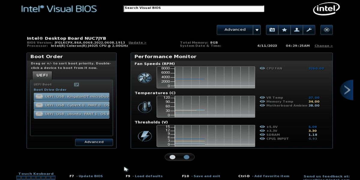 Intel Visual BIOS che mostra vari dispositivi di avvio