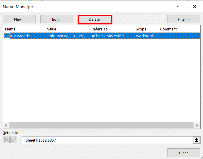 selezionare Elimina | come eliminare gli intervalli denominati in excel