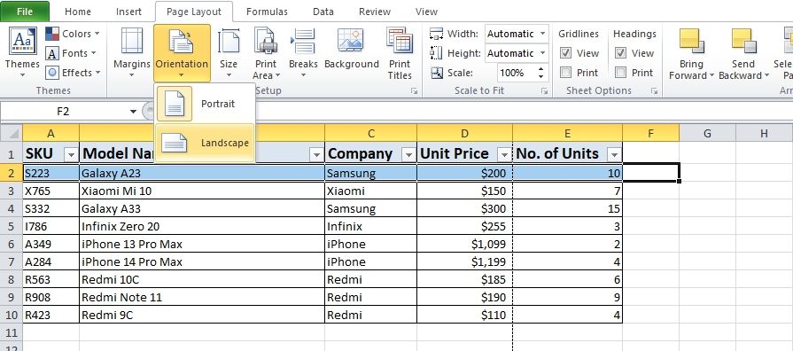 Orientamento della pagina nella barra multifunzione di Excel